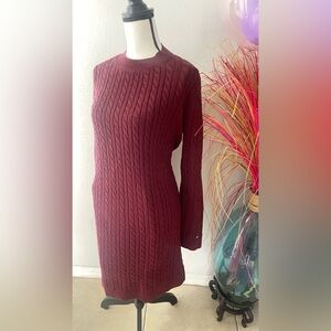 Elegant Cable Knit Dress in Rich Burgundy, Tommy Hilfiger